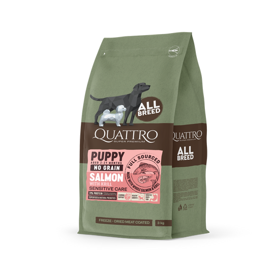 Visavertis sausas begrūdis pašaras visų veislių šuniukams su lašiša ir kriliumi
